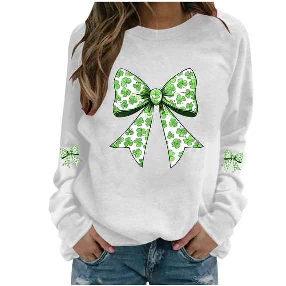 Womens St Patricks Day Shirt Shamrock Bow Print Shirts Crew Neck Sweatshirts Long Sleeve Pullover Tops Green Outfits for Women