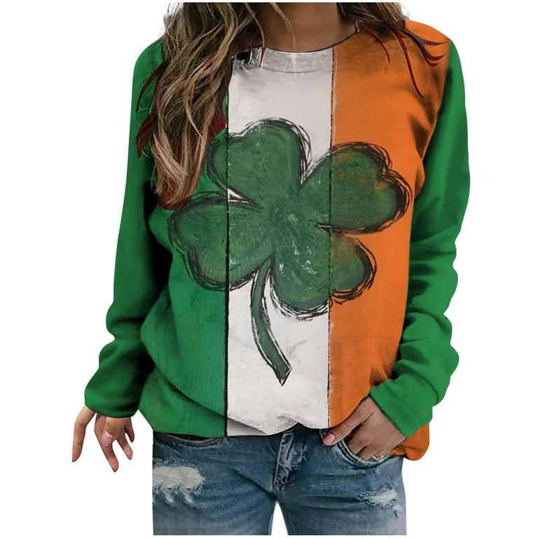 Womens St. Patricks Day Sweatshirt Long Sleeve Irish Clover Rainbow Print Pullover Tops Casual Round Neck Shirts