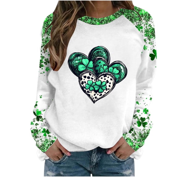 Womens St Patricks Day Sweatshirts Long Sleeve Crew Neck Casual Holiday Green Printed Fashion Loose Pullover Tops (M, Green C)