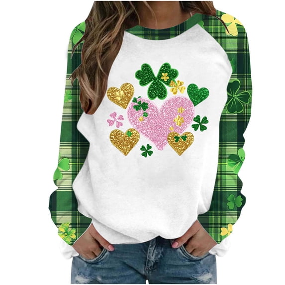 Womens St Patricks Day Sweatshirts Long Sleeve Crew Neck Casual Holiday Green Printed Fashion Loose Pullover Tops (XL, Green W)