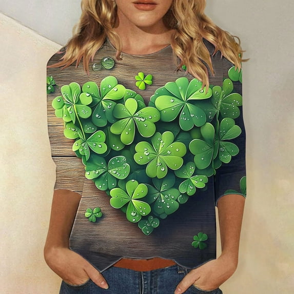 Womens St Patricks Day Tops, 3/4 Sleeve T Shirt Tops for Women, Round Neck Blouses Ladies Loose Casual St. Patrick's Day Printed Shirt Round Neck Three Quarter Sleeves 3/4 Sleeved T-Shirts