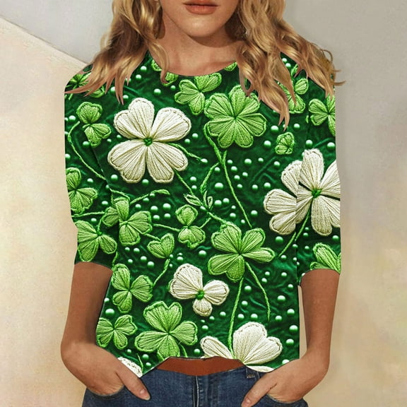 Womens St Patricks Day Tops, 3/4 Sleeve T Shirt Tops for Women, Round Neck Blouses Ladies Loose Casual St. Patrick's Day Printed Shirt Round Neck Three Quarter Sleeves 3/4 Sleeved T-Shirts