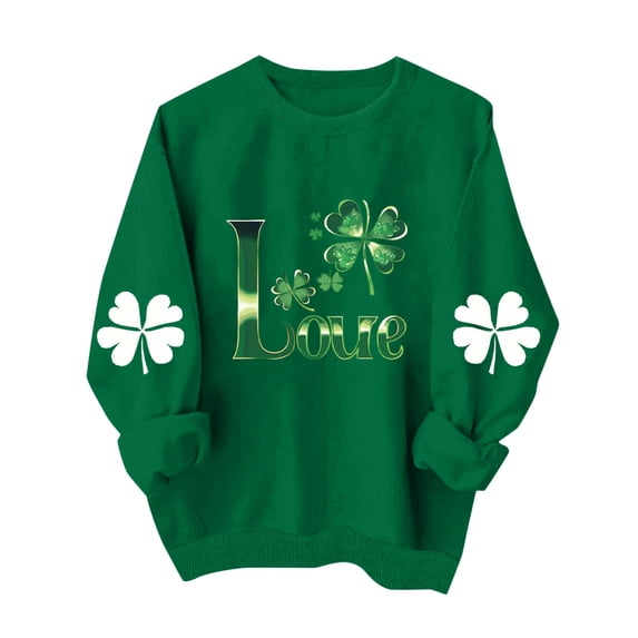 Womens St Patricks Day Tops Clover Shamrock Four Leaf Shirt Crewneck Long Sleeve Pullover Irish Green Sweatshirt Festival Tops
