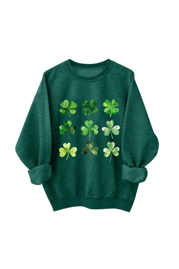 Womens St Patricks Day Tops Four Leaf Clover Shirt Crewneck Cute Sweatshirt Irish Long Sleeve Shirts Green St Patricks Day Shirt Women