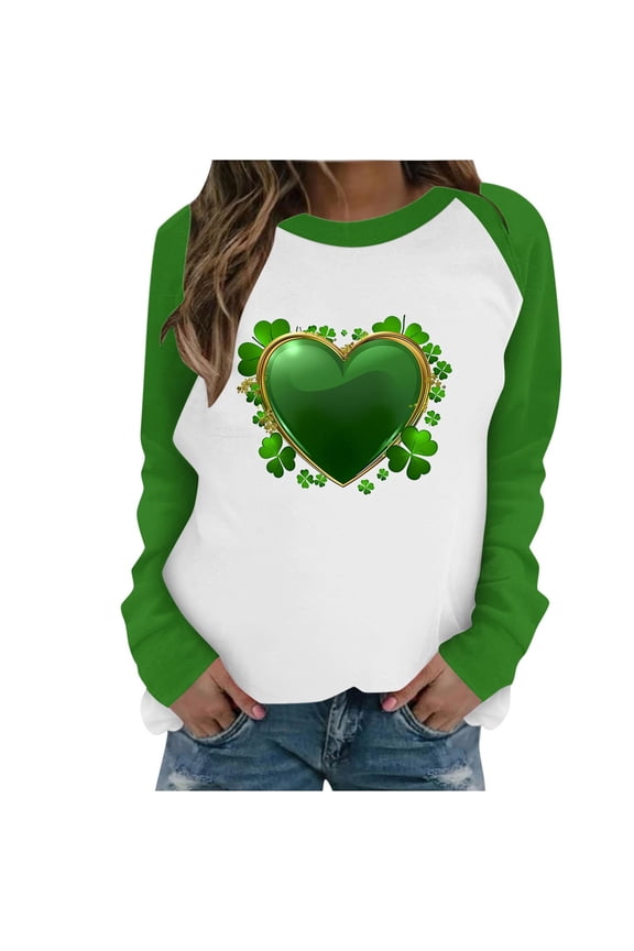 Womens St Patricks Day Tops Four Leaf Clover Shirt Green Long Sleeve Sweatshirt Crewneck Cute Pullover Tops St Patricks Day Shirts for Women