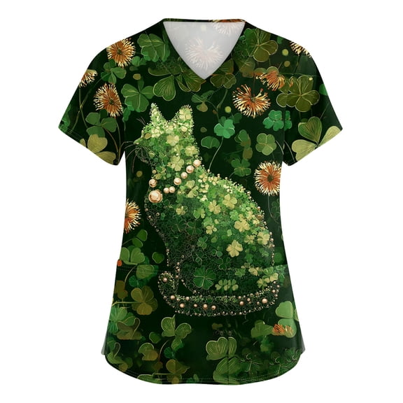 Womens St.patrick's Day Scrub Tops Clover Short Sleeve Holiday Uniform Shamrock V Neck Green Nursing Scrubs with Pockets Light Green 3XL