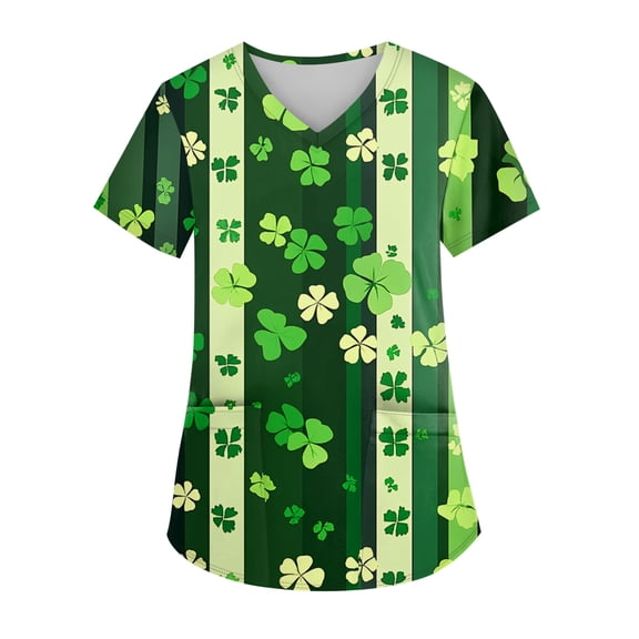 Womens St.patrick's Day Scrub Tops Clover Short Sleeve Irish Scrubs Shamrock V Neck Green Nursing Uniform with Pockets Army Green 4XL