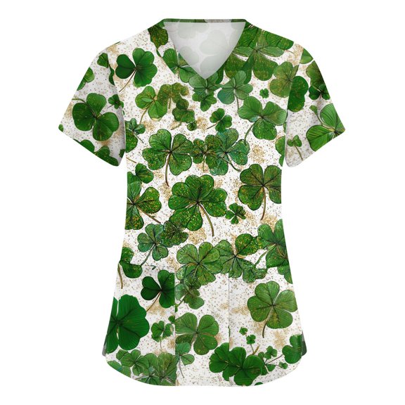 Womens St.patrick's Day Scrub Tops Clover Short Sleeve Lucky Workwear Shamrock V Neck Medical Irish Uniform with Pockets Beige M