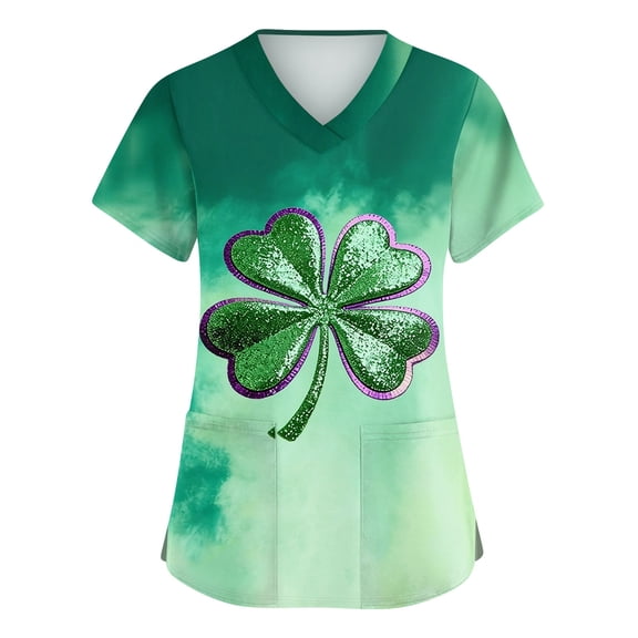 Womens St.patrick's Day Scrub Tops Clover Short Sleeve Nursing Workwear Shamrock V Neck Green Irish Scrubs with Pockets Turquoise S
