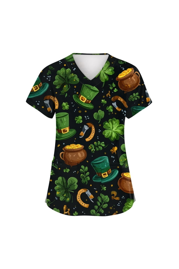 Womens St.patrick's Day Scrub Tops Clover V Neck Nursing Uniform Shamrock Short Sleeve Medical Irish Scrubs with Pockets Army Green S