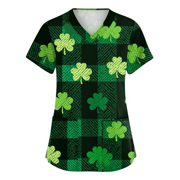 Womens St.patrick's Day Scrub Tops Shamrock Short Sleeve Green Scrubs Clover V Neck Irish Lucky Workwear with Pockets Multicolor L