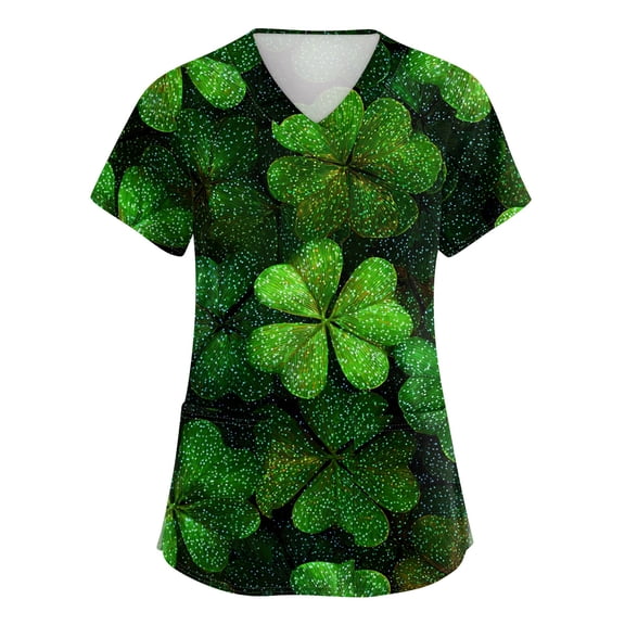 Womens St.patrick's Day Scrub Tops Shamrock Short Sleeve Green Workwear Clover V Neck Lucky Nursing Uniform with Pockets Light Green S