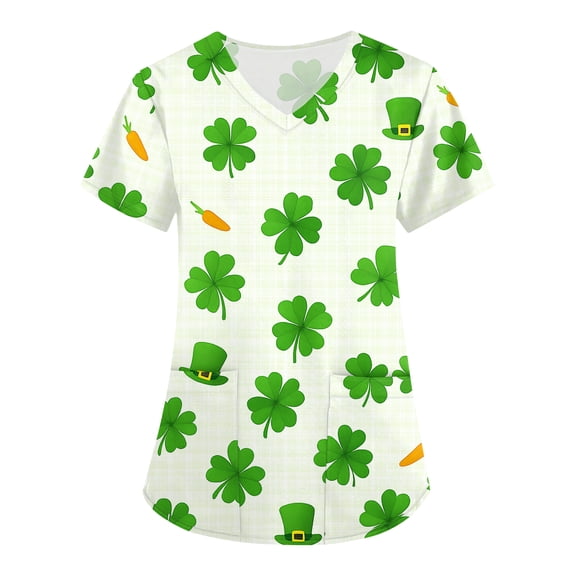 Womens St.patrick's Day Scrub Tops Shamrock Short Sleeve Green Workwear Clover V Neck Nursing Holiday Scrubs with Pockets Light Green M