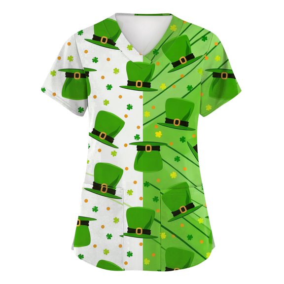 Womens St.patrick's Day Scrub Tops Shamrock Short Sleeve Green Workwear Clover V Neck Nursing Medical Uniform with Pockets Fluorescent Green XL