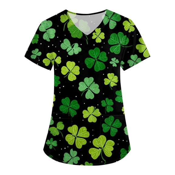 Womens St.patrick's Day Scrub Tops Shamrock Short Sleeve Holiday Uniform Clover V Neck Lucky Medical Scrubs with Pockets Dark Green S