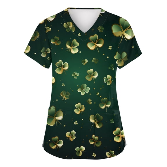 Womens St.patrick's Day Scrub Tops Shamrock Short Sleeve Lucky Scrubs Clover V Neck Green Holiday Workwear with Pockets Dark Green S