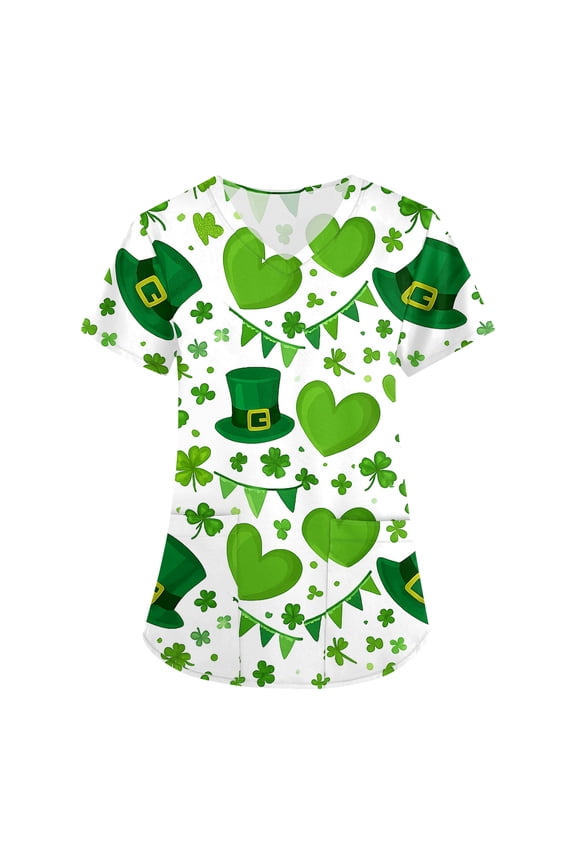 Womens St.patrick's Day Scrub Tops Shamrock Short Sleeve Medical Scrubs Clover V Neck Irish Holiday Uniform with Pockets Green XL