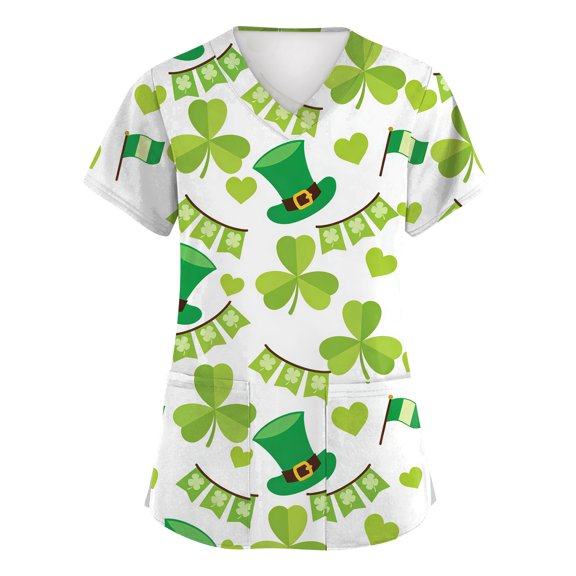 St Patricks Day Scrub Tops for Women Shamrock V Neck Green Uniform Clover Short Sleeve Medical Lucky Workwear with Pockets