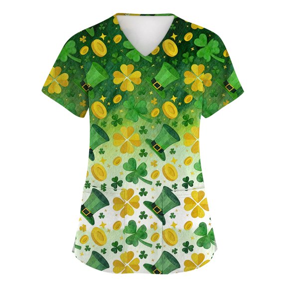 Womens St.patrick's Day Scrub Tops Shamrock Short Sleeve Nursing Workwear Clover V Neck Holiday Green Scrubs with Pockets Fluorescent Green S