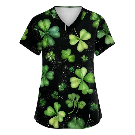 Womens St.patrick's Day Scrub Tops Shamrock V Neck Holiday Uniform Clover Short Sleeve Medical Green Scrubs with Pockets Dark Green S