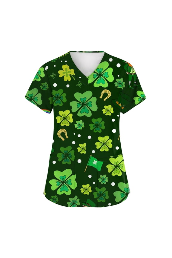 Womens St.patrick's Day Scrub Tops Shamrock V Neck Lucky Workwear Clover Short Sleeve Medical Green Uniform with Pockets Green 2XL