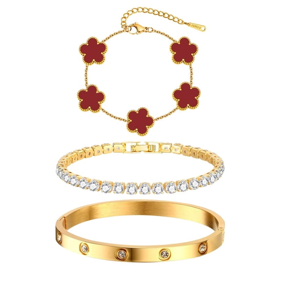 Womens Stackable Floral Gold Bracelets 18K Gold Plated Bracelet,Stainless Steel Bangle Bracelets Non Tarnish, Gold Bracelet Set Trendy Jewelry,Christmas Valentines Birthday Gifts for Girlfriend