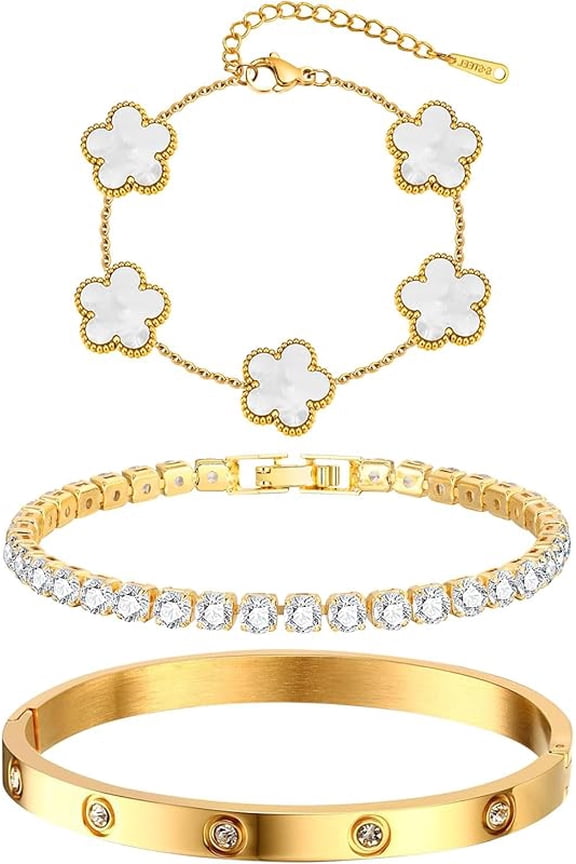 Womens Stackable Floral Gold Bracelets - 3Pcs 18K Gold Plated Bracelet,Stainless Steel Bangle Bracelets Non Tarnish, Gold Bracelet Set Trendy Jewelry,Christmas Valentines Birthday Gifts for Girlfriend