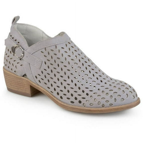 Womens Stacked Heel Buckle Perforated Round Toe Ankle Booties