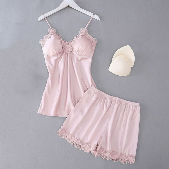 Womens Stain Lace Pajama Sets 2 Piece Silk Sleepwear Outfits Comfy Casaul 3D Printed Camisole Tops & Elastic Waist Short Pants Soft Nightwear Outfits Set