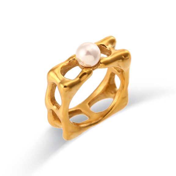 Womens Stainless Steel 18K Gold Plated Square Hollow Geometric Ring, Electroplated Quadrilateral Design