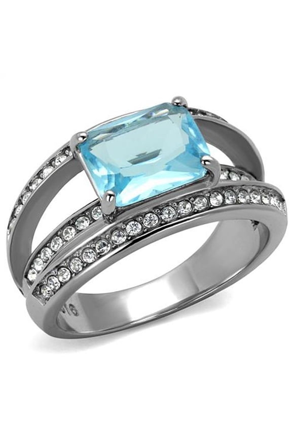 Womens Stainless Steel 4.07Ct Emerald Cut Sea Blue Crystal Cocktail Ring Size 6