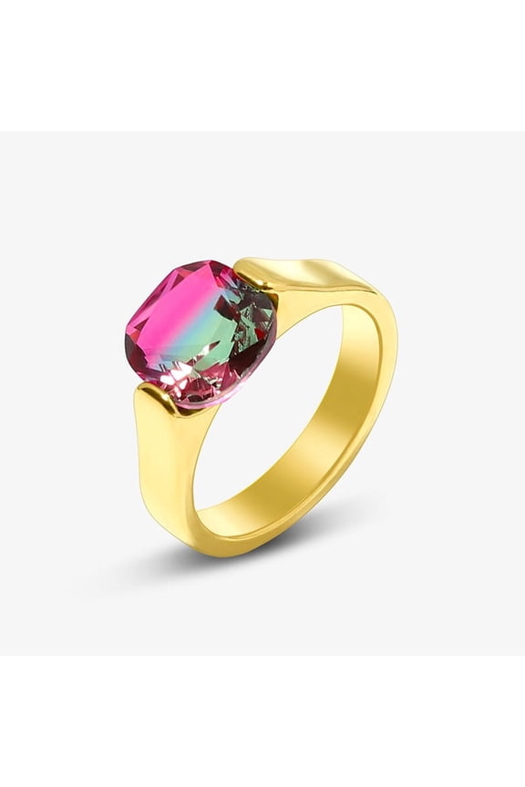 Womens Stainless Steel Rings with Tourmaline Inlay and Golden Gemstone Accent Fashionable Jewelry Elegant Band Ring for