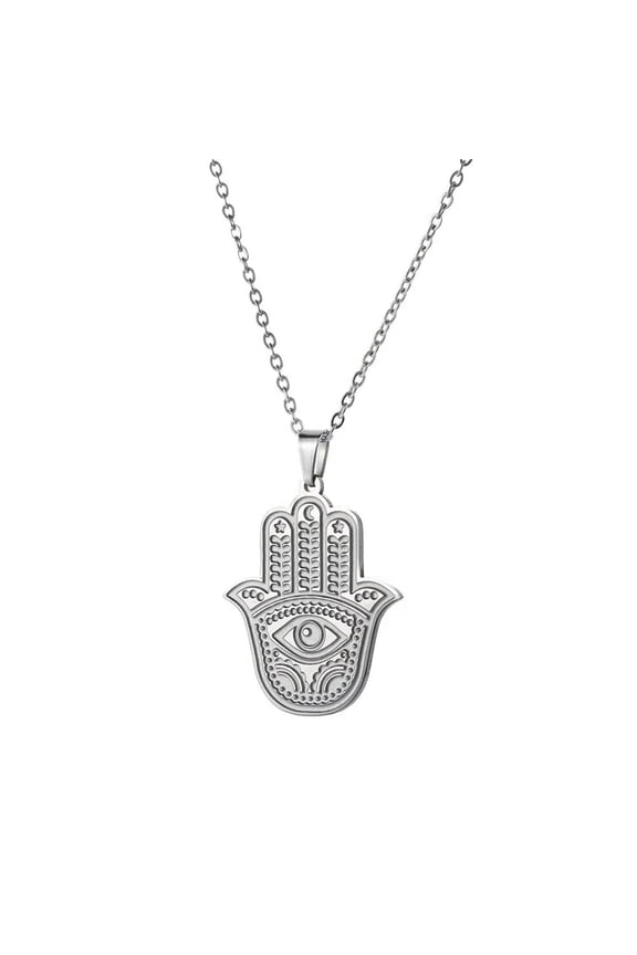 Womens Stainless Steel Hamsa Hand of Fatima Eye Pendant Necklace Amulet