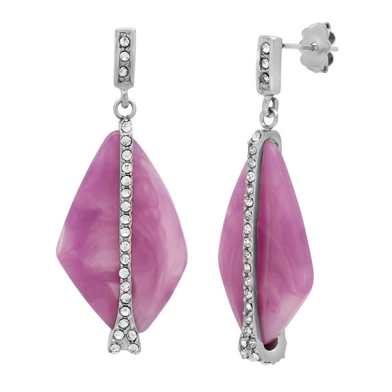 Womens Stainless Steel Pink Stone and Glass Drop Earrings