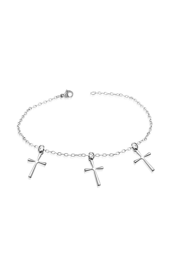 Womens Stainless Steel Religious Cross Link Chain Anklet, 10"