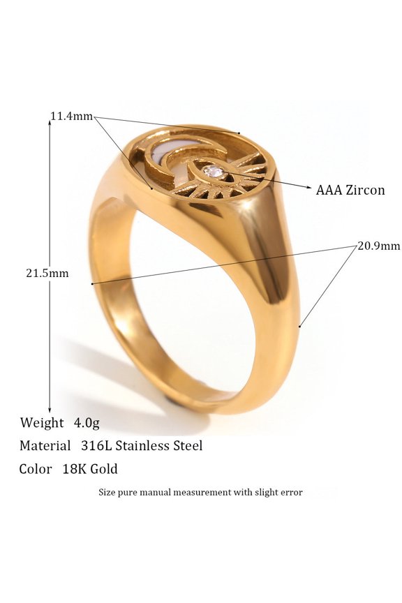 Womens Stainless Steel Ring with Gold Plated Sun Moon Eye Design Fashionable Geometric Ring for Her Elegant Jewelry Gift