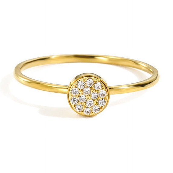 Womens Stainless Steel Ring Inlaid Rhinestones Simple Geometric Design Round Zircon Gemstone Ring Zircon