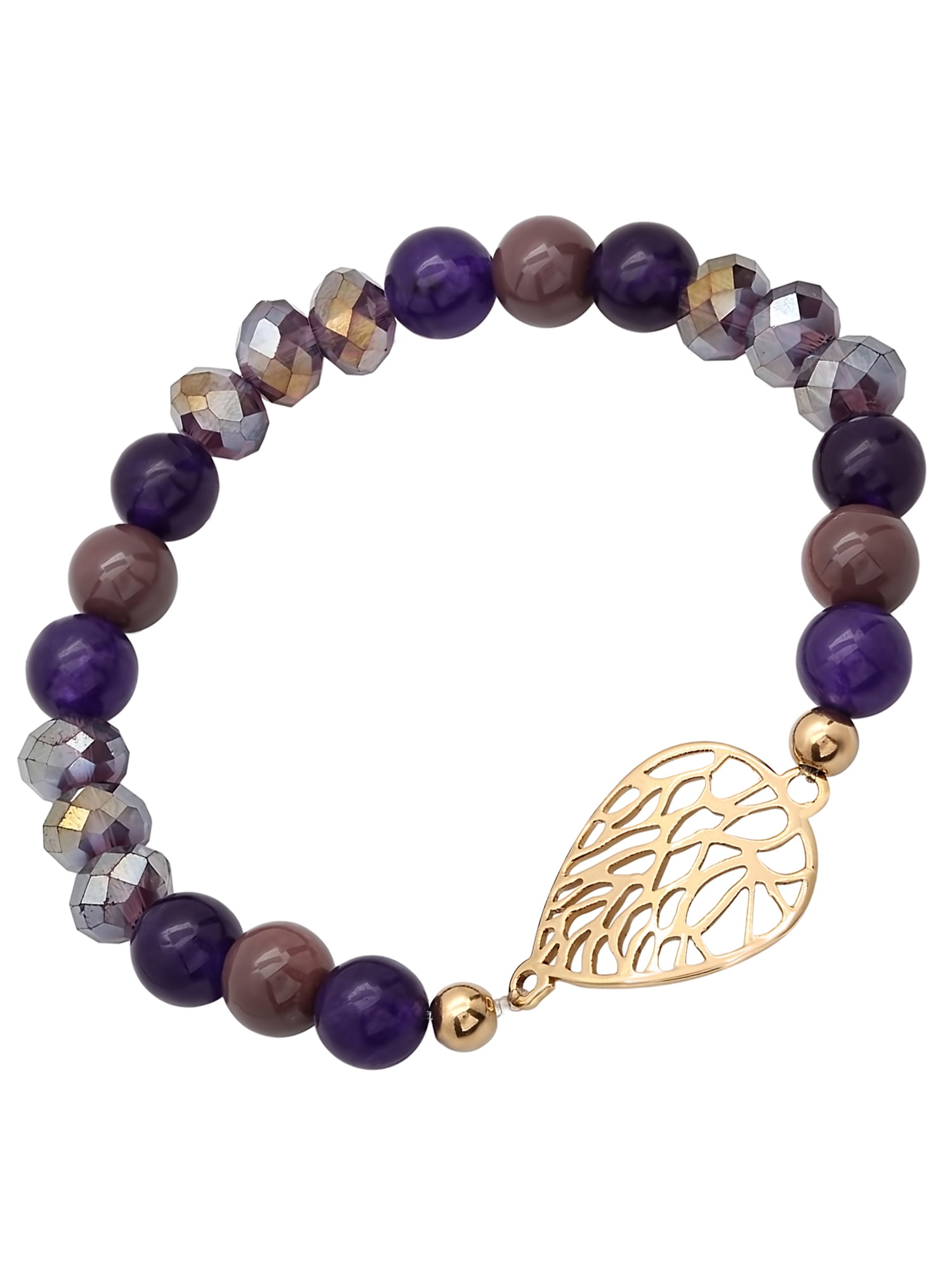 Womens Stainless Steel and Purple Glass Bead Leaf Bracelet