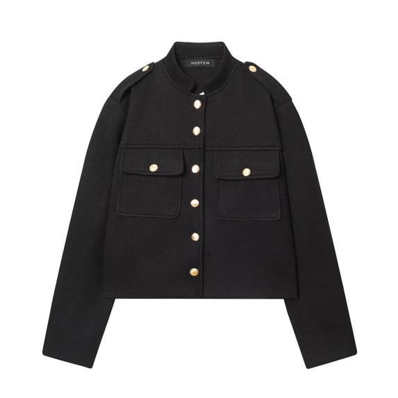 Womens Stand Collar Jackets Single Breasted Solid Color Button Pockets Cardigan Casual Vintage Stylish Fall Outwear (M, Black)