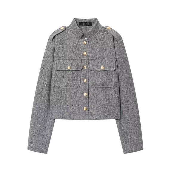 Womens Stand Collar Jackets Single Breasted Solid Color Button Pockets Cardigan Casual Vintage Stylish Fall Outwear (M, Gray)
