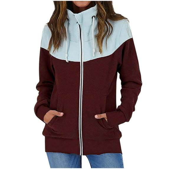 Womens Stand Collar Long Sleeve Sweatshirt Zipper Color Block Sport Coat with Pockets Drawstring Slim Casual Outerwear