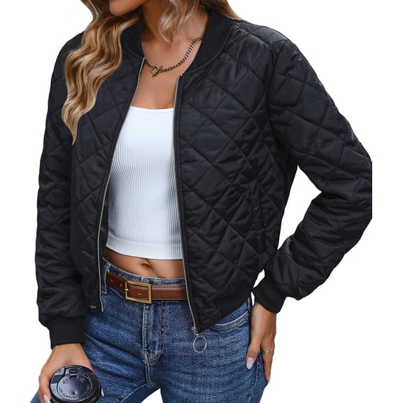 Womens Stand Collar Quilted Puffer Jacket Padded Zip Coat Black S