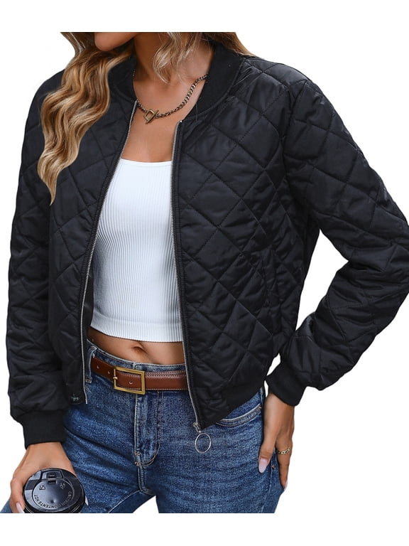 Womens Stand Collar Quilted Puffer Jacket Padded Zip Coat Black S