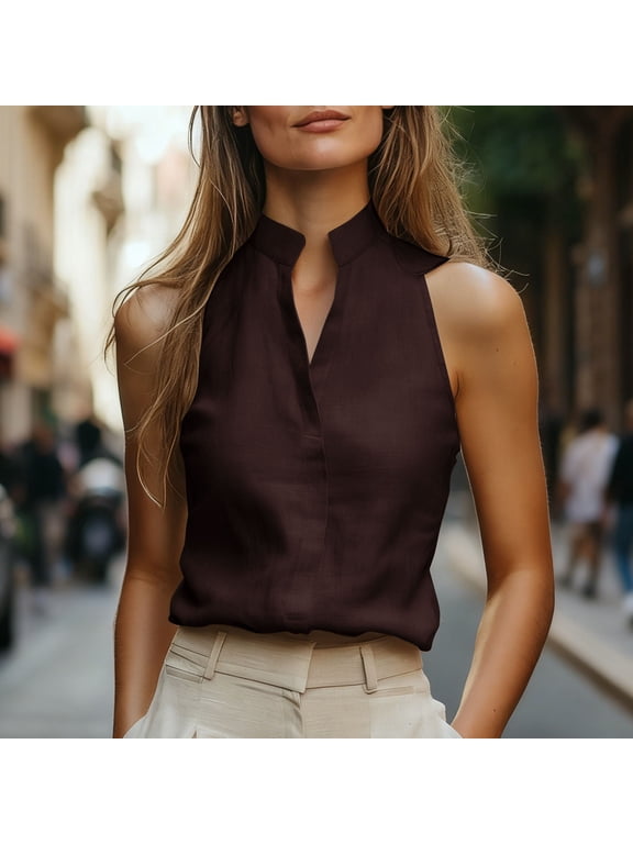 Womens Stand Collar Sleeveless Blouse, Elegant Dressy Casual Tank Tops for Office Formal Occasion Brown S