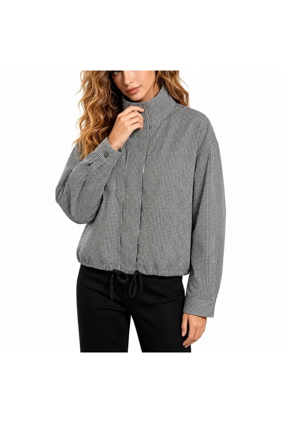 Womens Stand Collar Zip Up Lightweight Jacket Casual Plaid Outerwears with Pockets for Everyday Spring Fall Layering (Grey L)