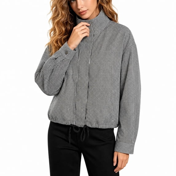 Womens Stand Collar Zip Up Lightweight Jacket Casual Plaid Outerwears with Pockets for Everyday Spring Fall Layering (Grey M)