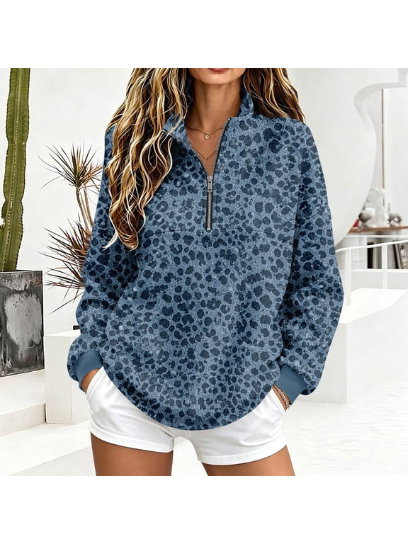 Womens Stand Neck Leopard Quarter Zip Sweatshirt Long Sleeve Oversized Casual Fall Tops