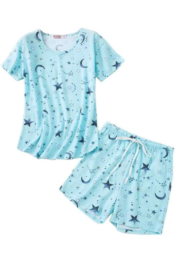 Womens Star Print Matching Pajama Set - Short Sleeve Top & Sleep Shorts