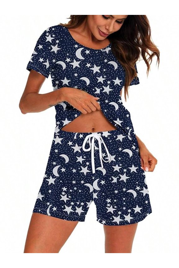 Womens Star Print Matching Pajama Set With Drawstring Waist