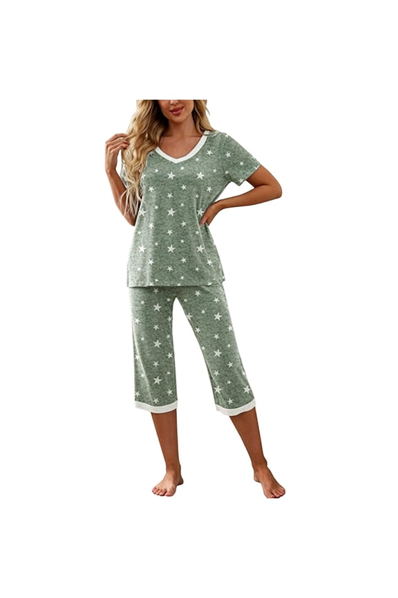 Womens Star Print Pajama Set, V-Neck Short Sleeve Top Capri Pants Loungewear, Soft Knit 2-Piece Sleepwear for Casual Home Wear(Green,L)